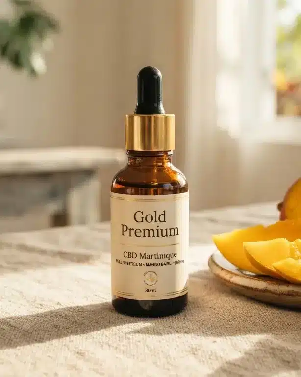 Flacon d'huile CBD Gold Premium et mangue fraîche